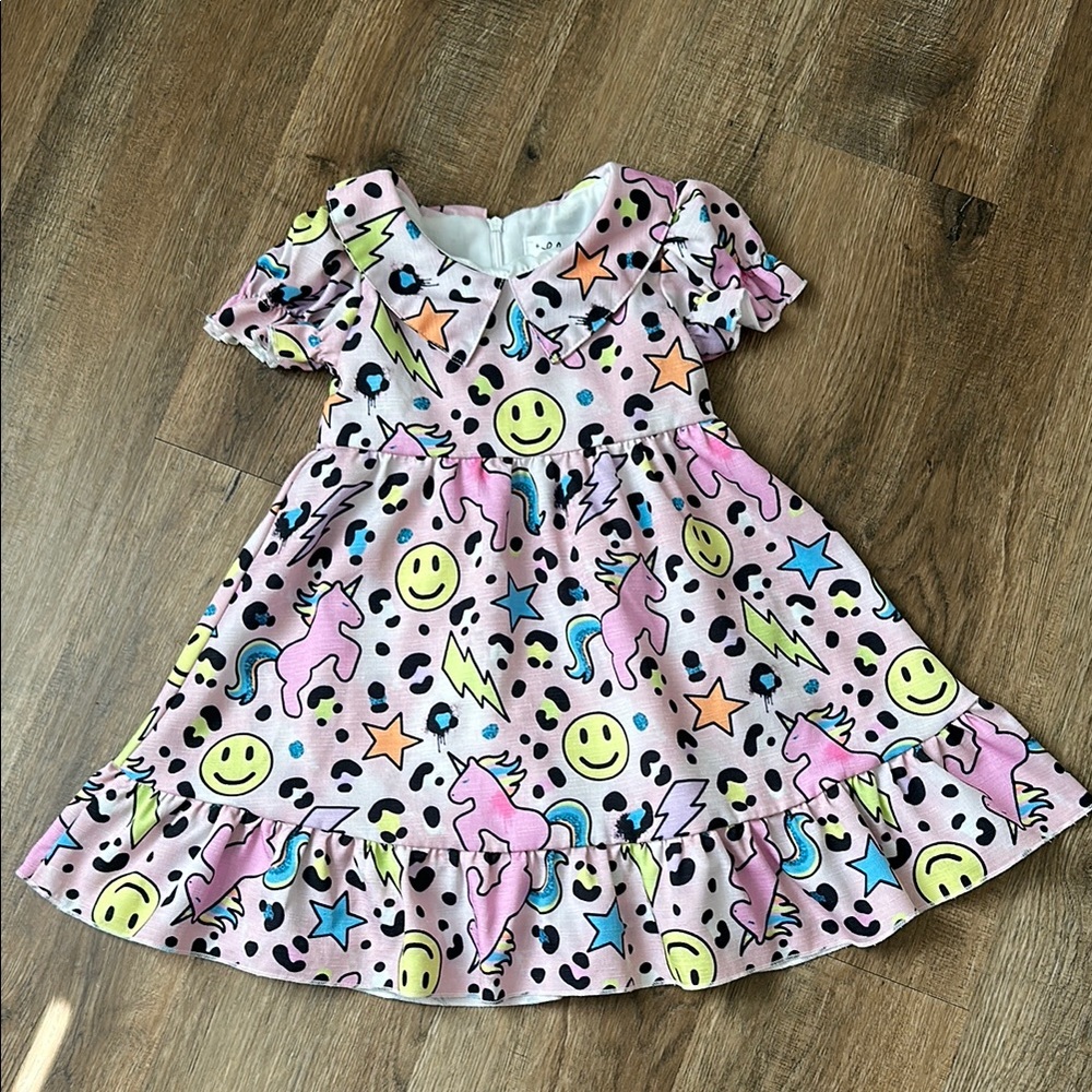 Lola+The Boys,Pink Dress with Unicorn and Smiley Print